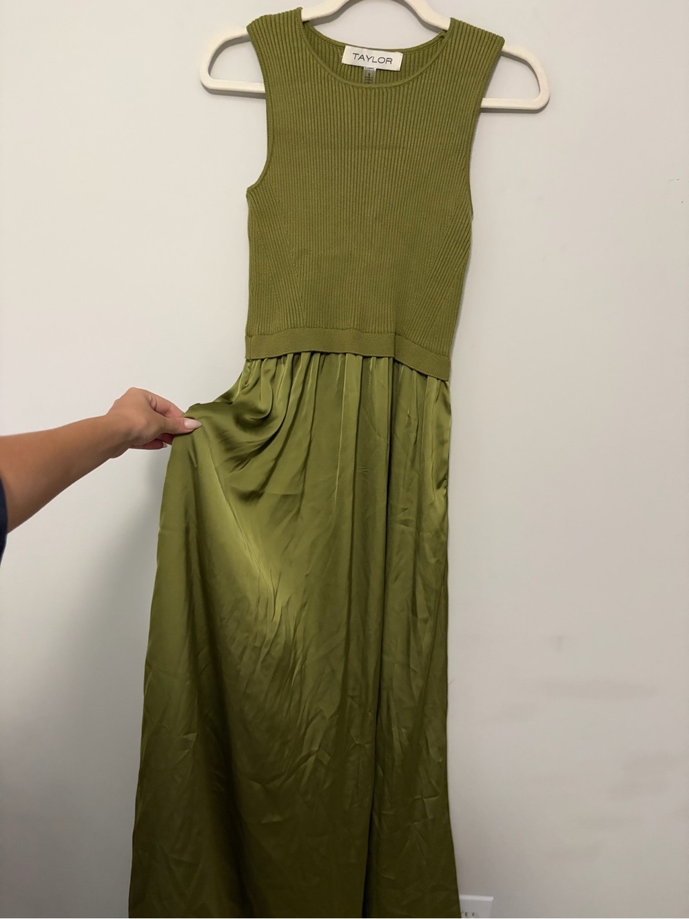 Taylor Olive Sleeveless Knit Top Satin Skirt Maxi Dress